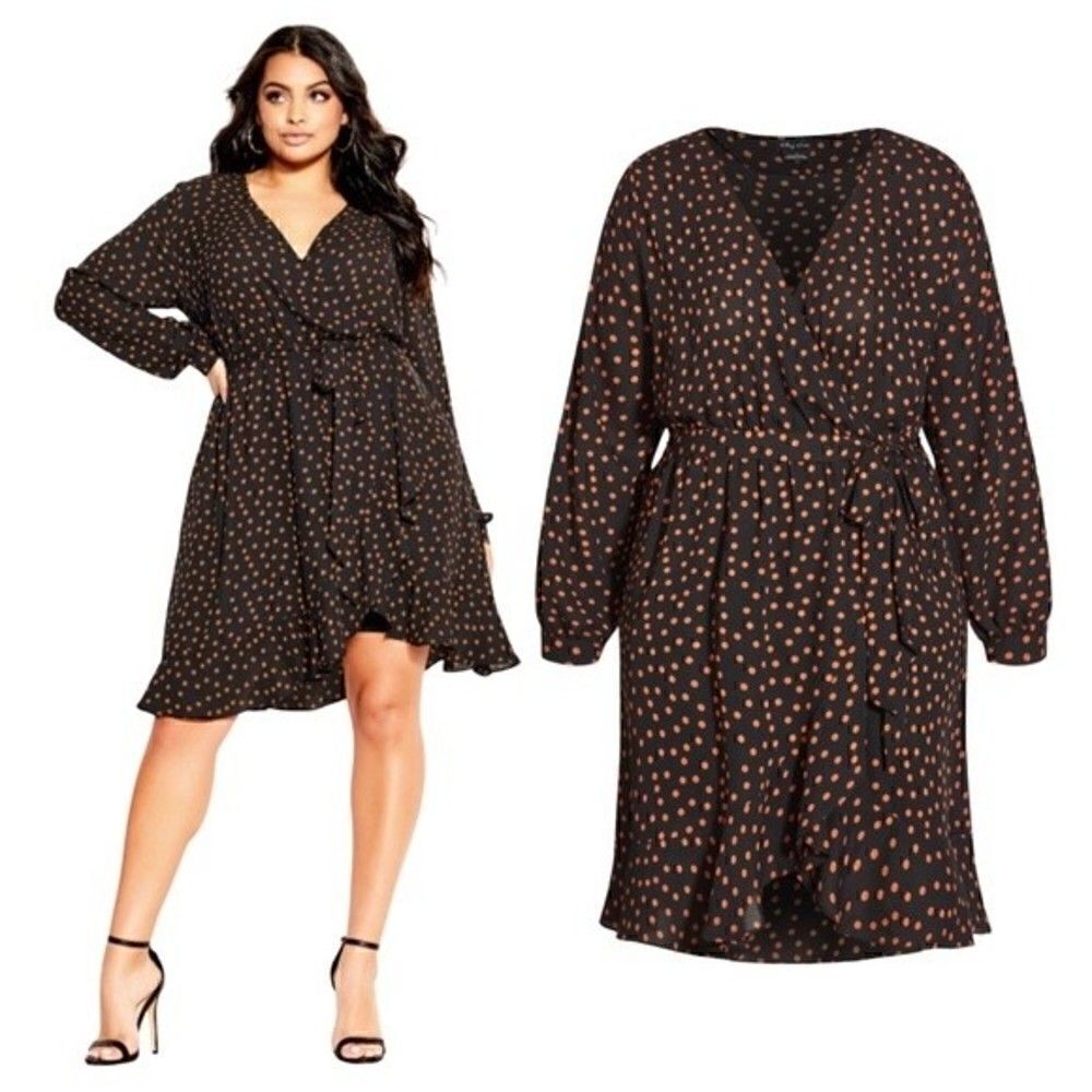 New! City Chic Amber Long Sleeve Faux Wrap Polka Dot Party Dress
